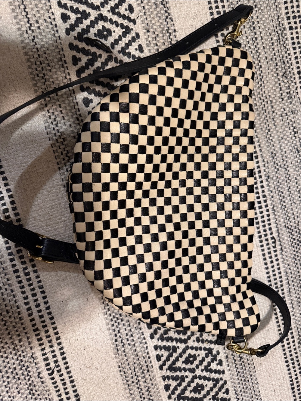 Checkerboard Black and Cream Shoulder Bag with Adjustable Strap - Picture 7 of 11